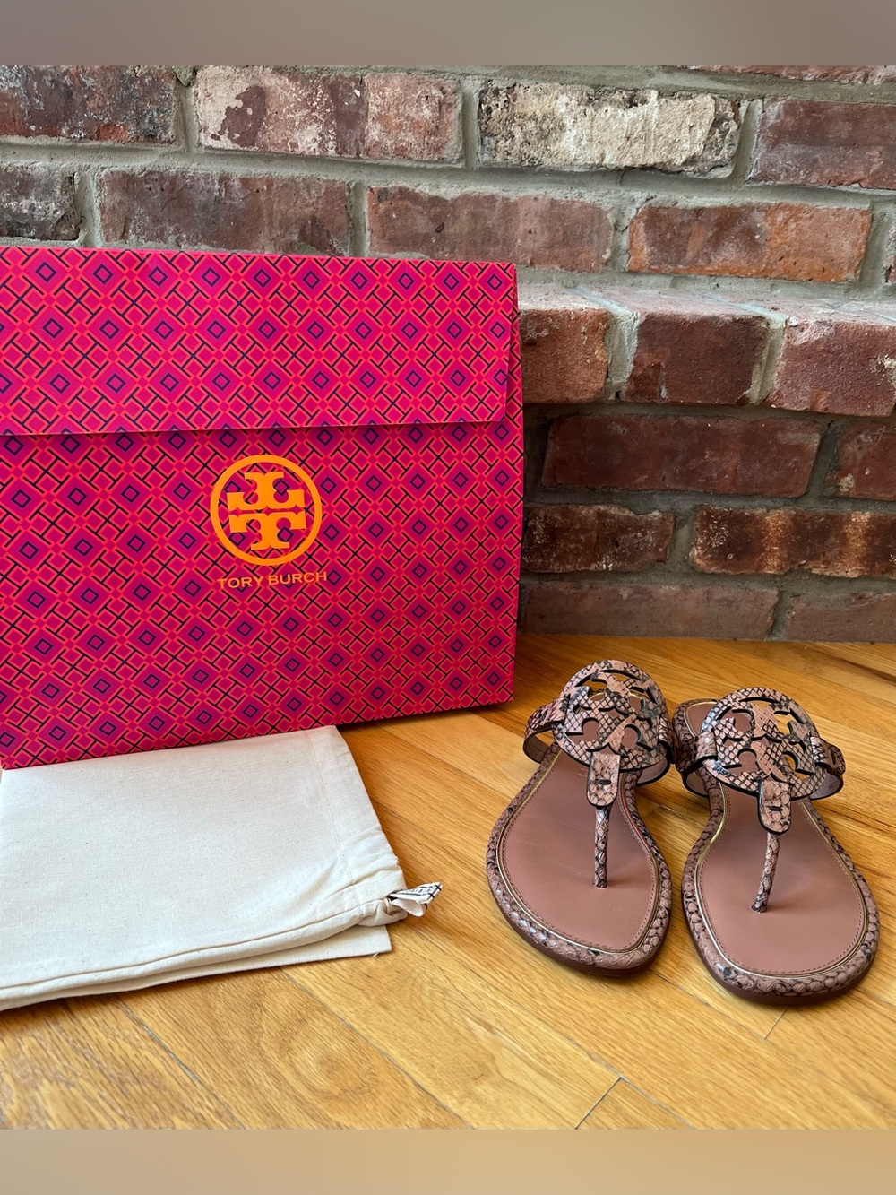 Tory Burch Brown Black Desert Roccia Stamped Snake Printed Leather Miller Sandal